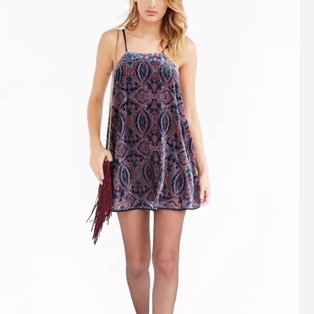 Ecote Urban Outfitters Mauve Teal Velvet Burnout Trapeze Mini Dress Size XS
